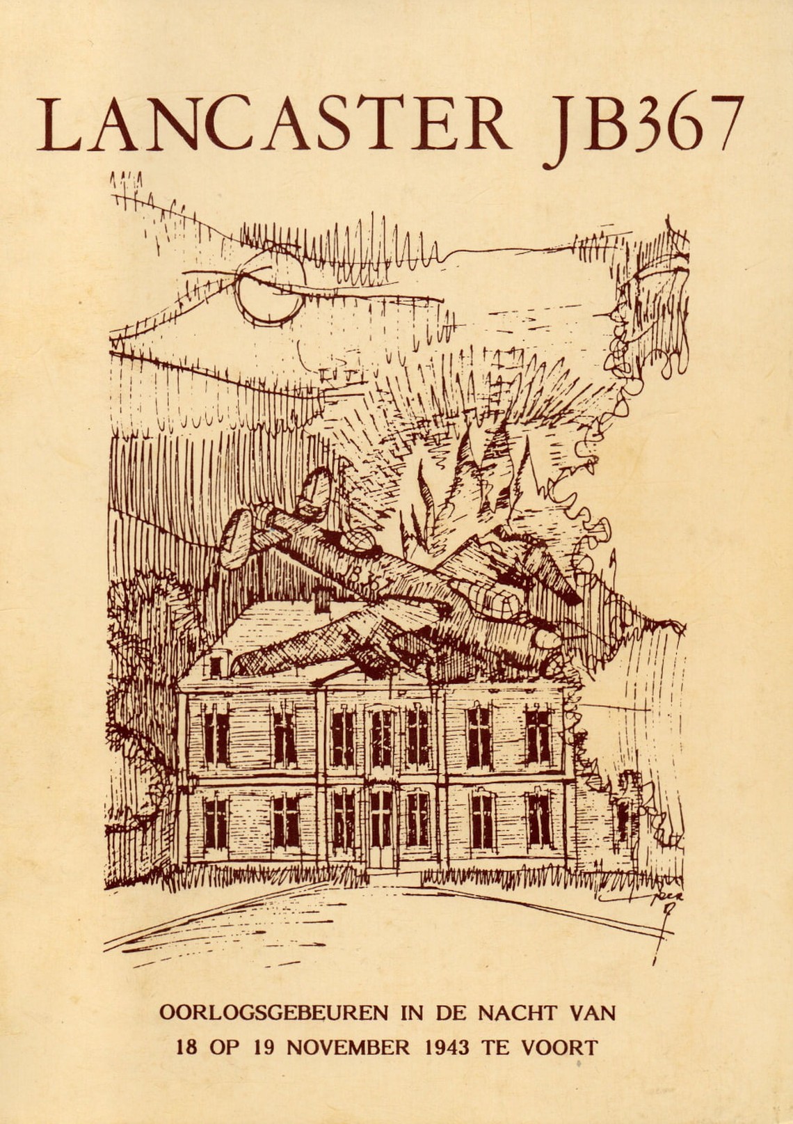 Voorplat van het boek Lancaster JB 367 met een pentekening van het brandende kasteel de Tornaco