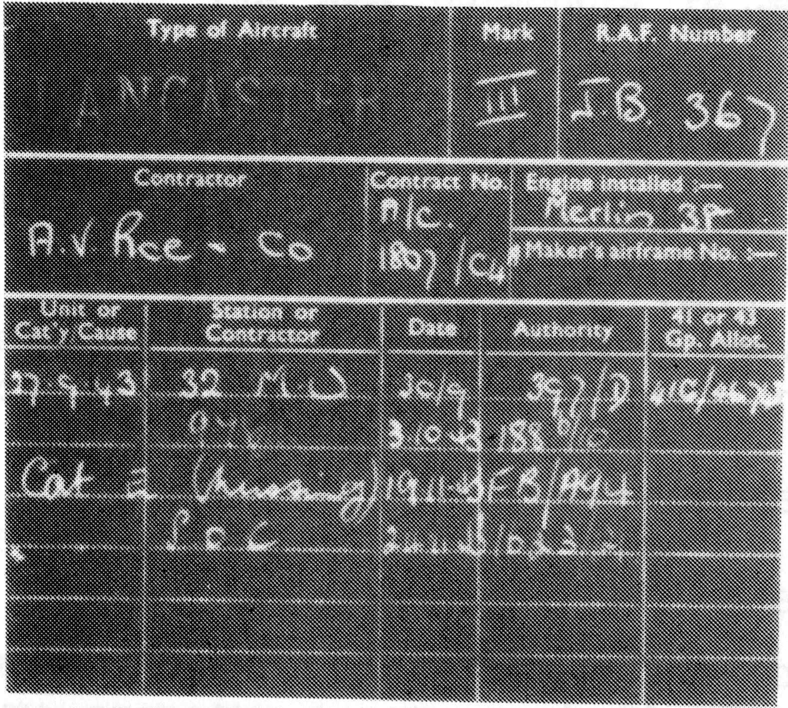De technische fiche van Lancaster J.B. 367: type III, motoren Merlin 38, geleverd door A.V. Roe & Co.