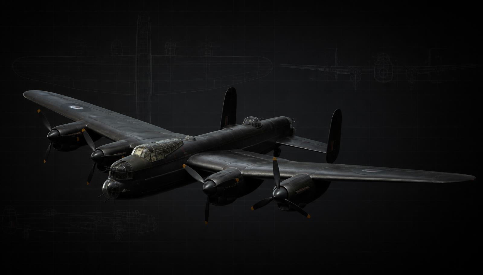 Illustratie van een Avro Lancaster in donkere studioverlichting