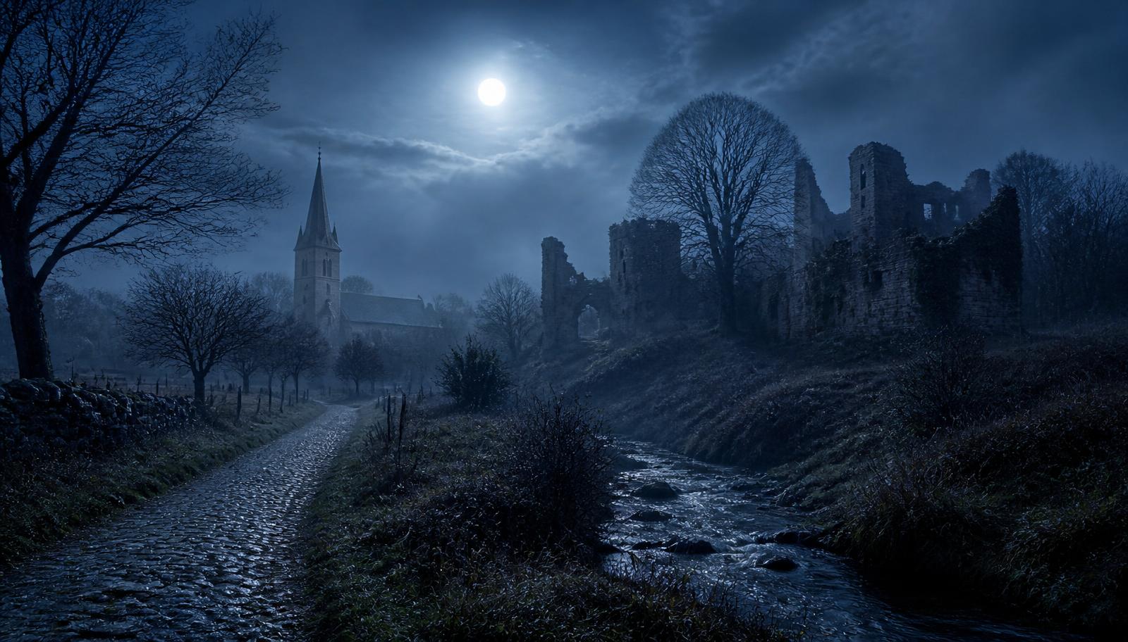 Illustratie van een maanlicht Haspengouws landschap met kasteelruïne